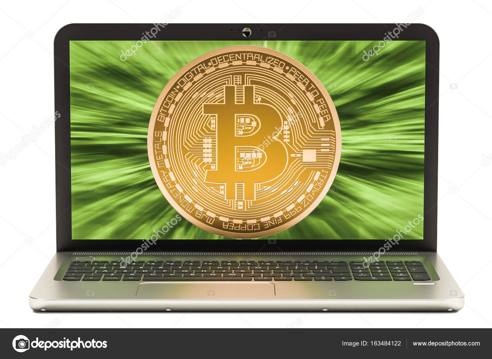 Bitcoin Mining Concept!    With Laptop 3d Rendering Stock Editorial - 